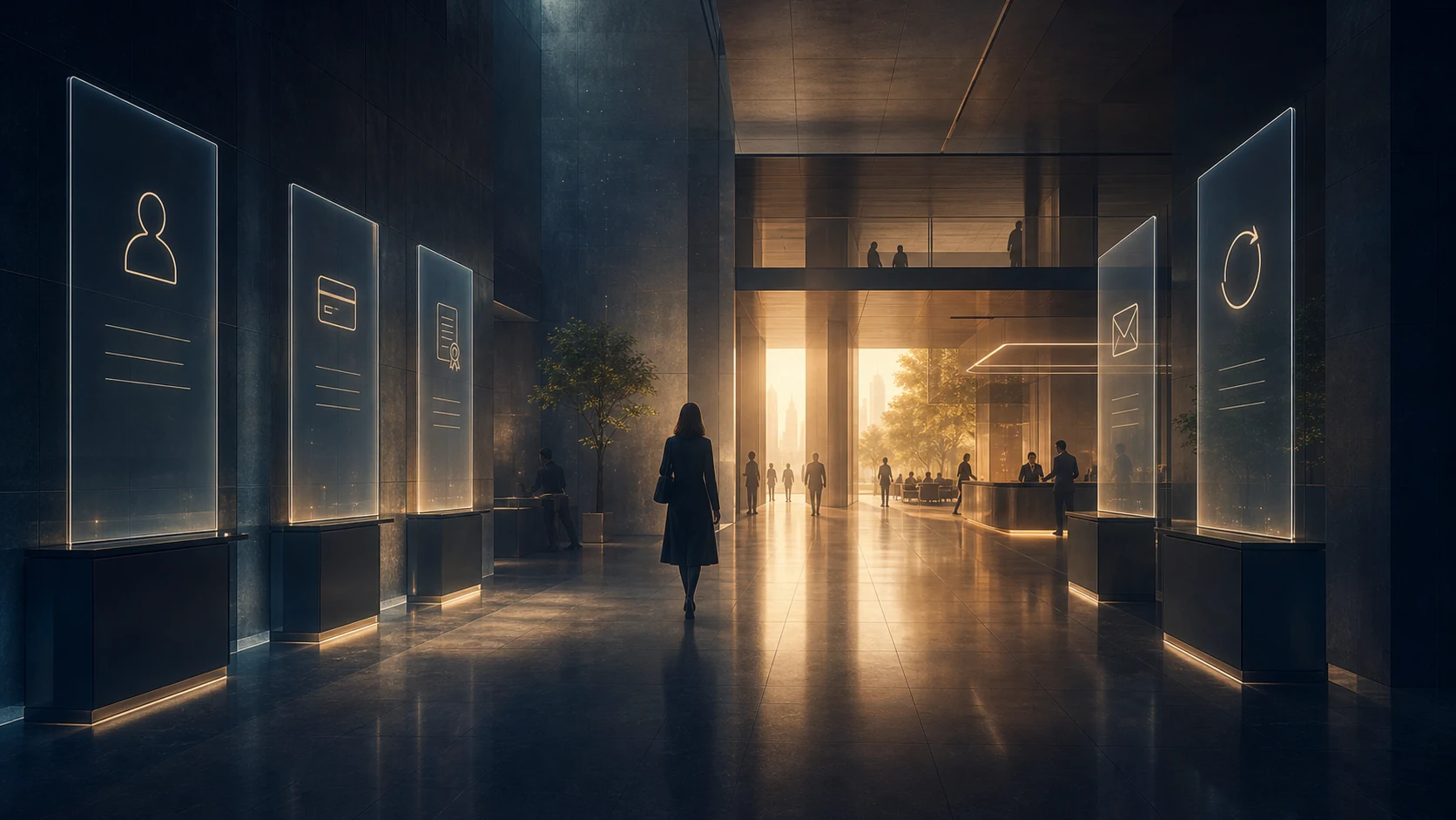 A quiet civic service corridor moving from dawn light into secure service desks, representing identity, payment, credentials, messaging and recovery through one trusted day.