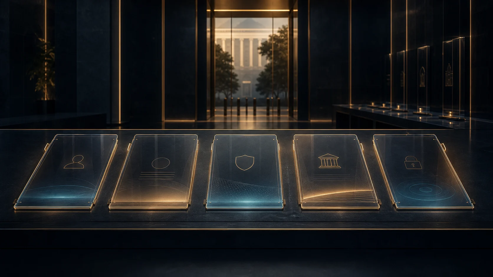 Five abstract civic service surfaces arranged inside a quiet institutional gateway, representing identity, payment, credentials, verified messaging and recovery.