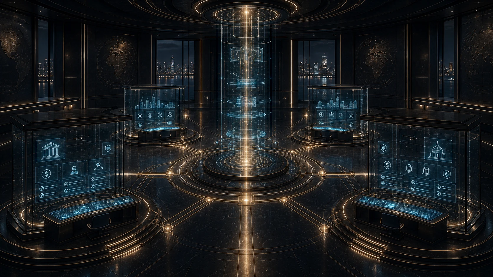 A formal jurisdictional configuration hall showing one shared platform core connected to separate sovereign policy chambers for local currency, channels, issuers, limits and compliance rules.