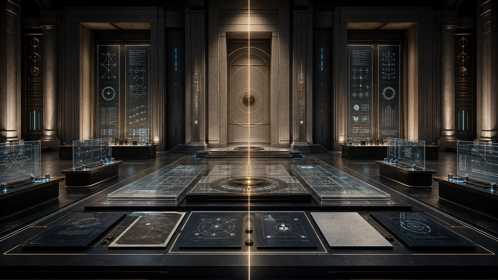 An international public infrastructure standards chamber with a central meridian axis, assurance registers, privacy boundaries, continuity controls and interoperability gateways.