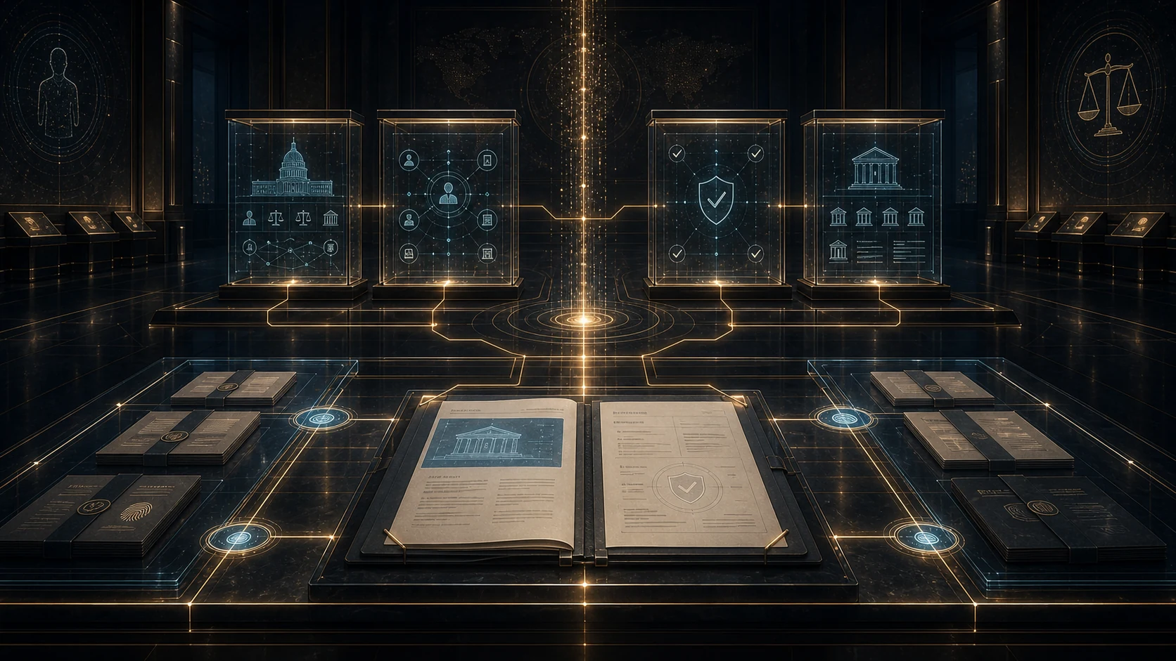 A formal institutional review dossier chamber showing mandate, boundary, assurance and adoption evidence connected by a central meridian spine.