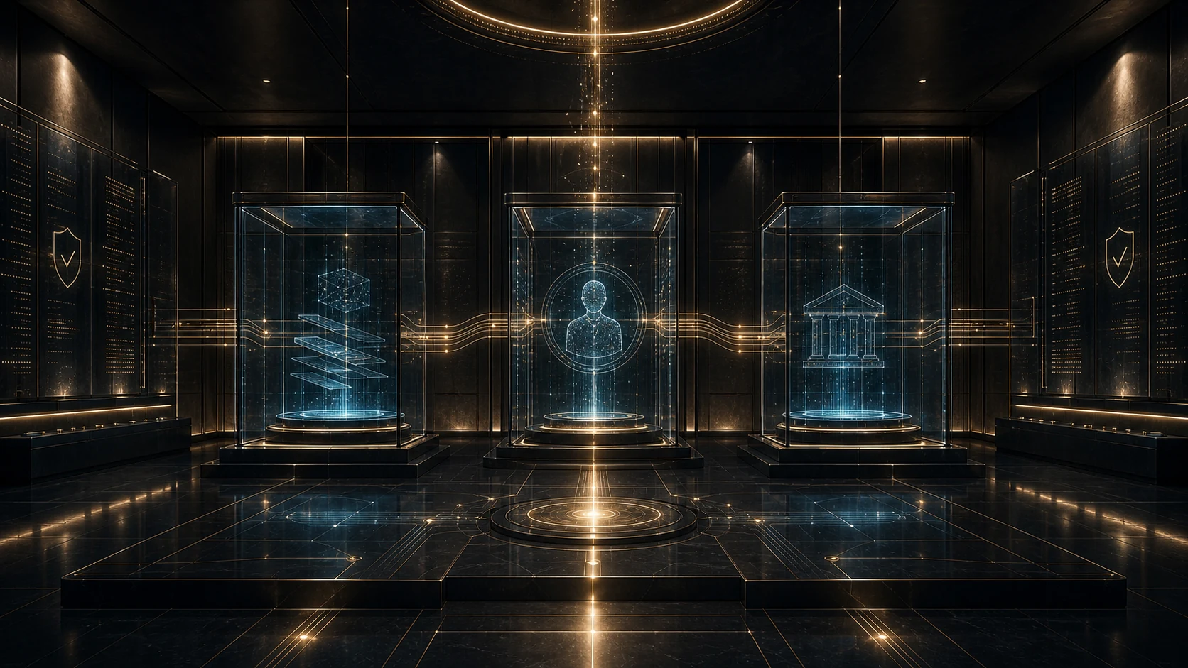 A formal civic trust architecture chamber showing verified identity, signed evidence, recovery authority and audit controls connected by a central meridian spine.