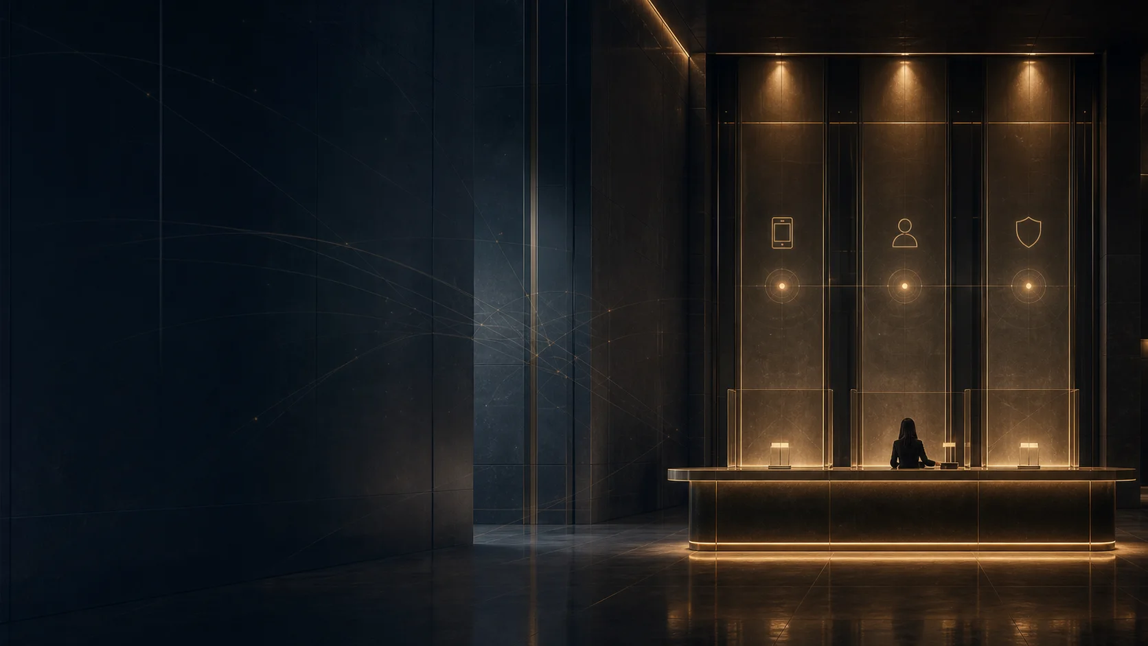 A secure civic recovery chamber with three illuminated protection pillars representing device, operator and recovery authority.
